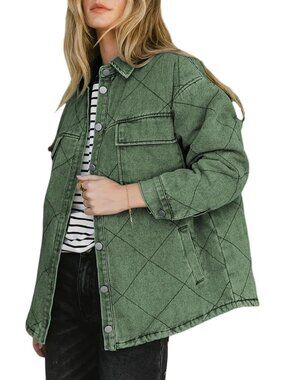Women’s Green Long Sleeve Button Down Oversized Denim Jacket Pocket Shacket